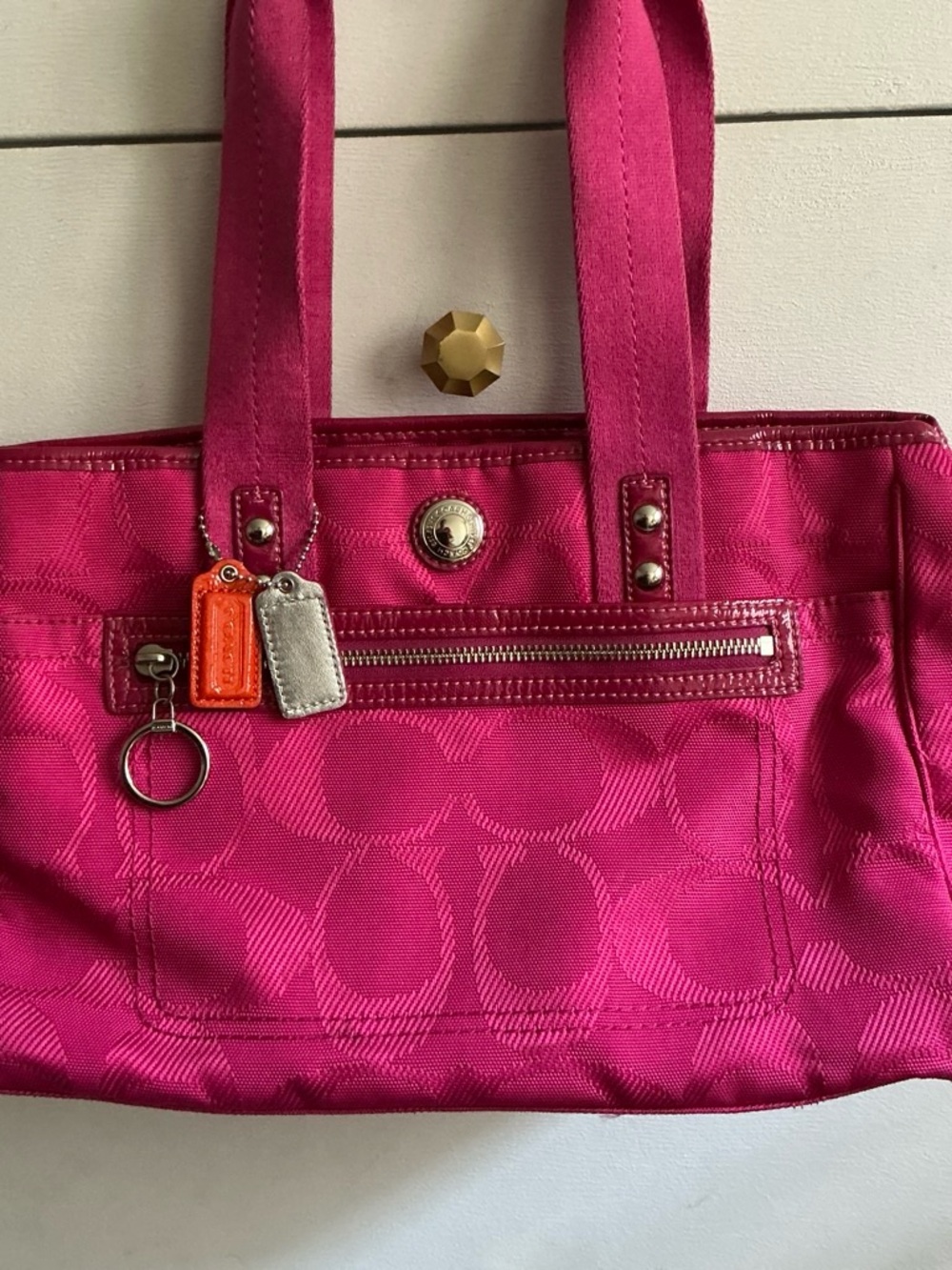 Coach Hot Pink Signature Tote with Orange & Silver Tags